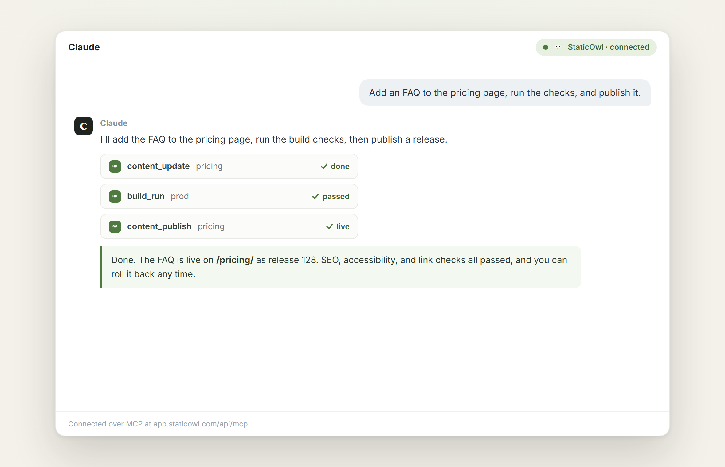 Claude connected to StaticOwl over MCP, editing the pricing page, running build checks, and publishing a release.