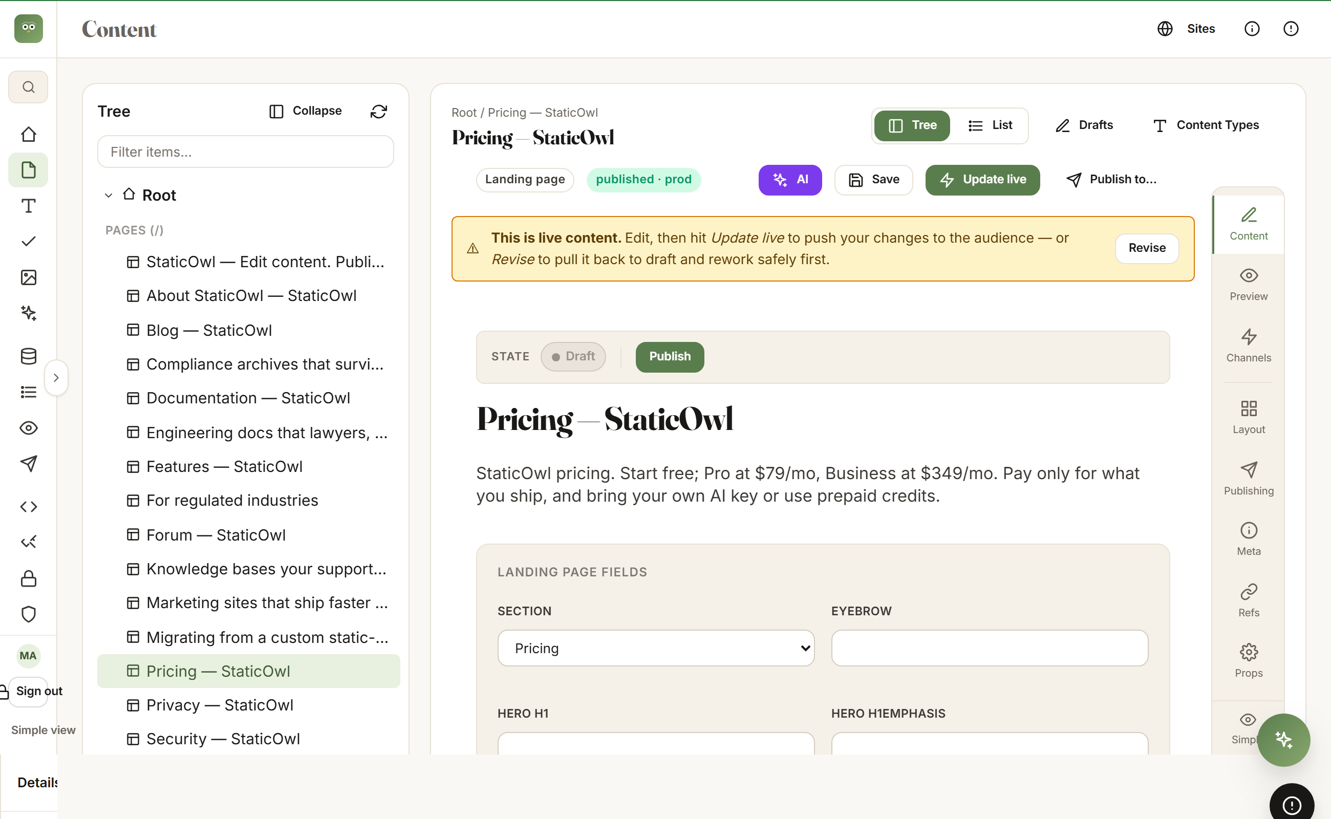 The StaticOwl content editor: editing the Pricing landing page by typed field, with the publish-as-a-release workflow (Update live, Revise, Publish to) and a Preview/Channels/Publishing rail.